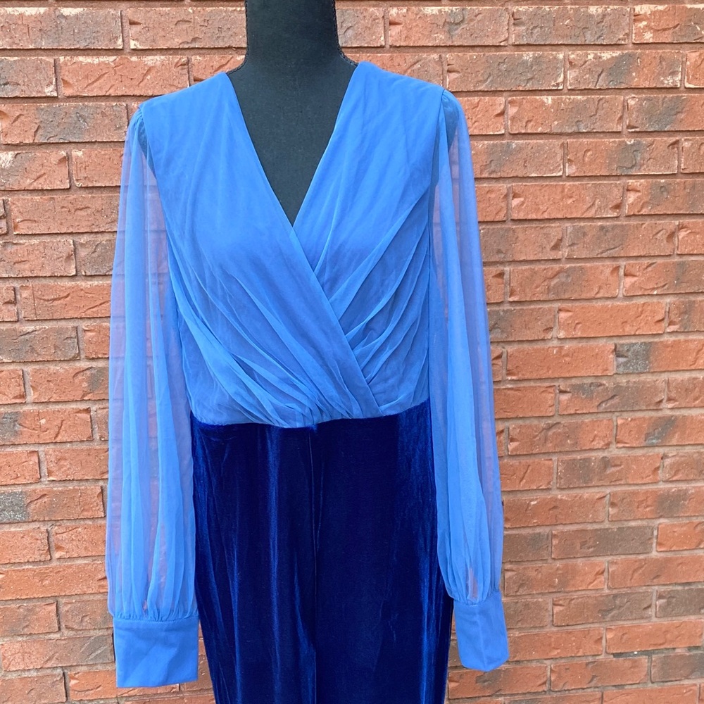 NWT Fehaute Royal Blue Mesh V Neck Long Sleeve Velvet Jumpsuit 10 - Picture 6 of 14
